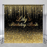 Aperturee - Aperturee Black Gold Glitter Custom Name Birthday Bash Backdrop